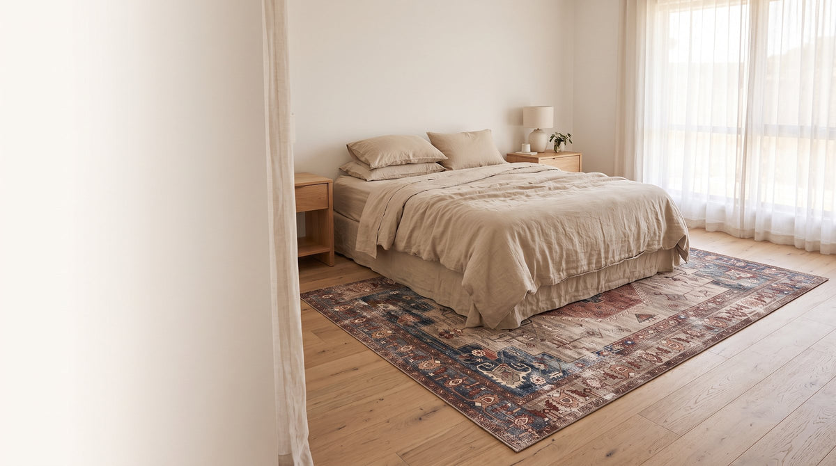 Persian-style rug under a bed in a calm bedroom