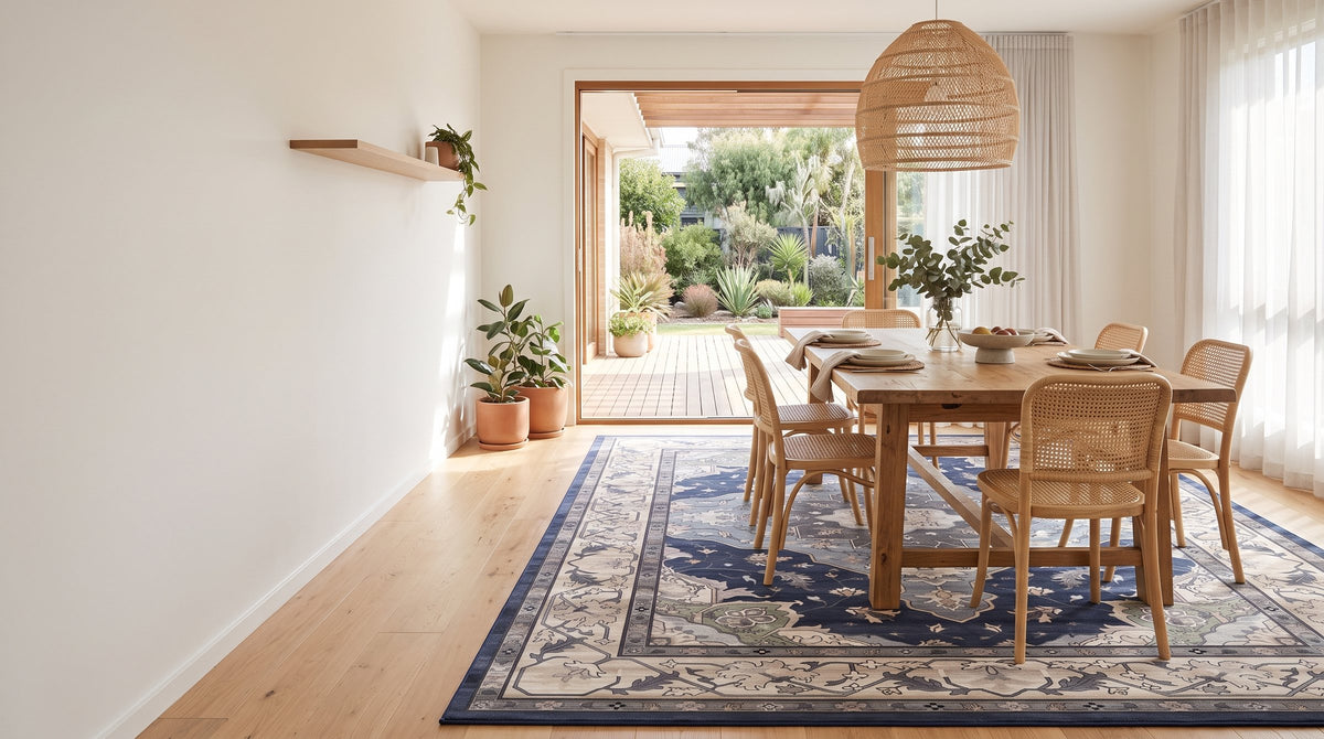 Persian-style rug under a dining table