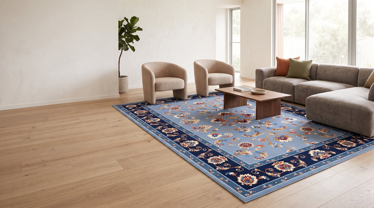 Large Persian-style rug anchoring an open-plan lounge