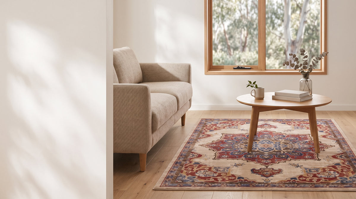 Medium Persian-style rug under a coffee table