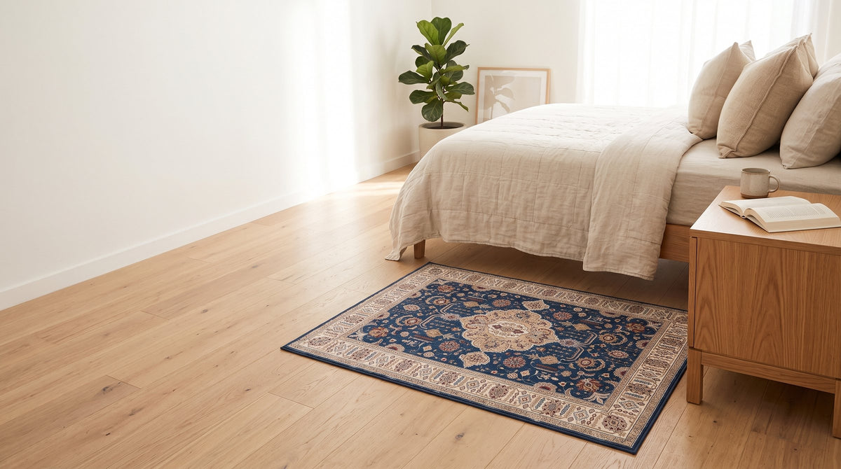 Small Persian-style rug beside a bed
