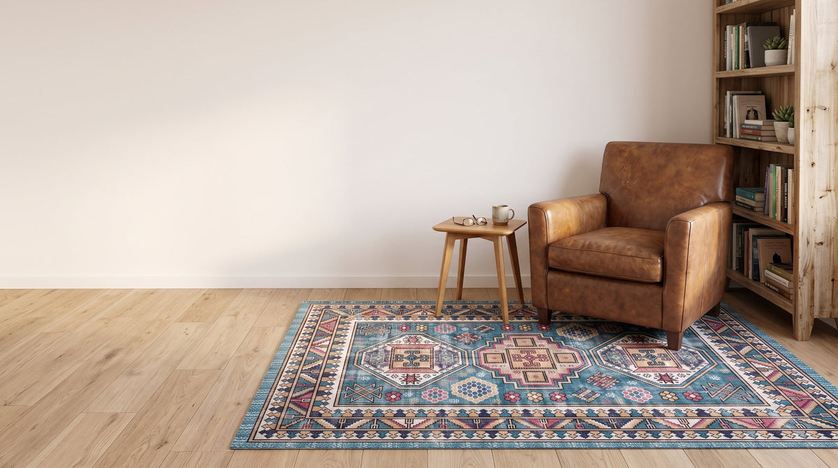 Tribal geometric Persian-style rug in a reading corner