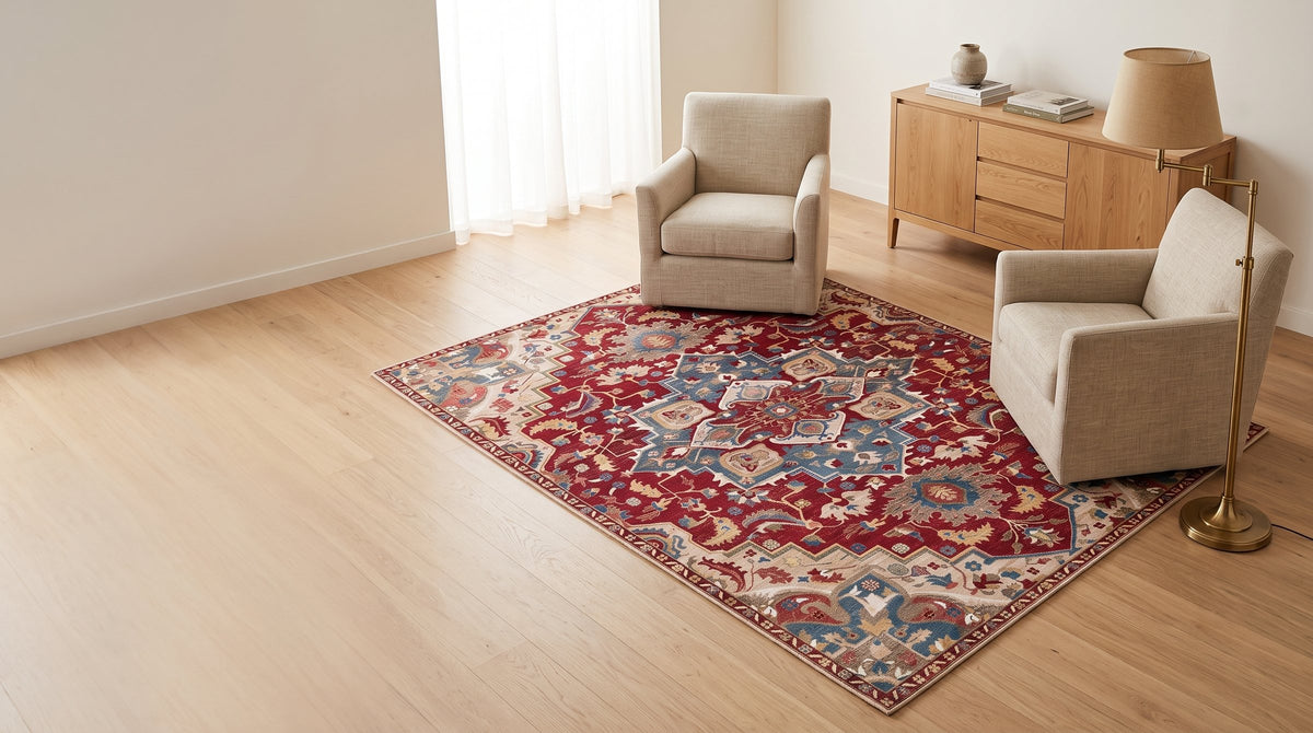Classic medallion Persian-style rug between two armchairs