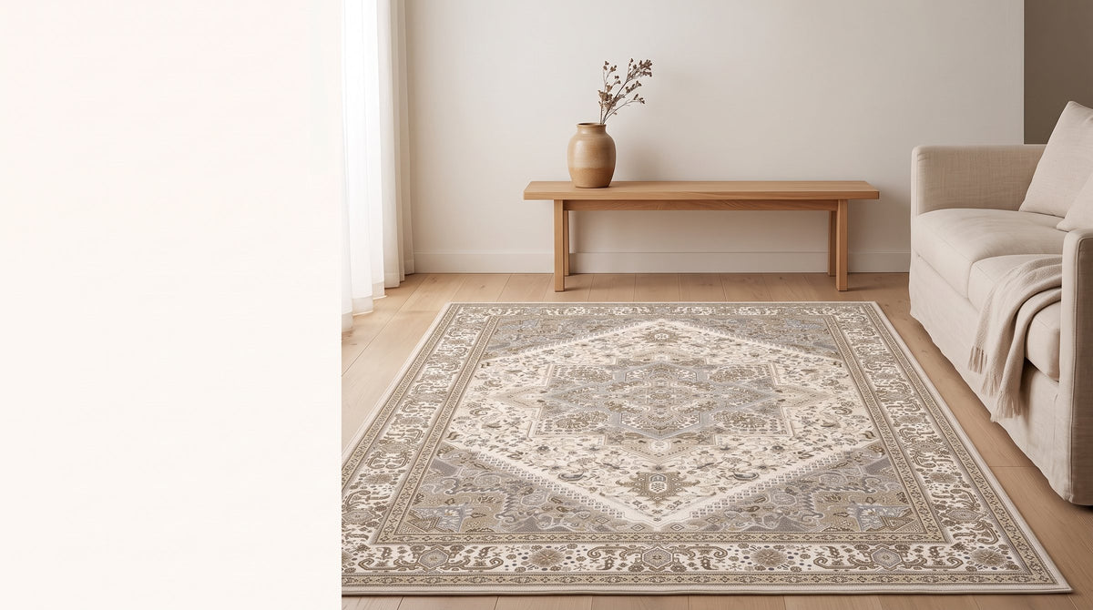 Distressed neutral Persian-style rug in a calm minimal living room