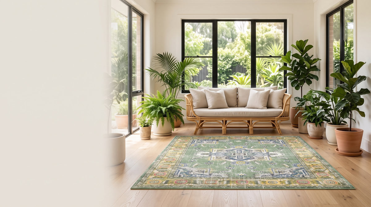Green Persian-style rug in a sunroom with plants