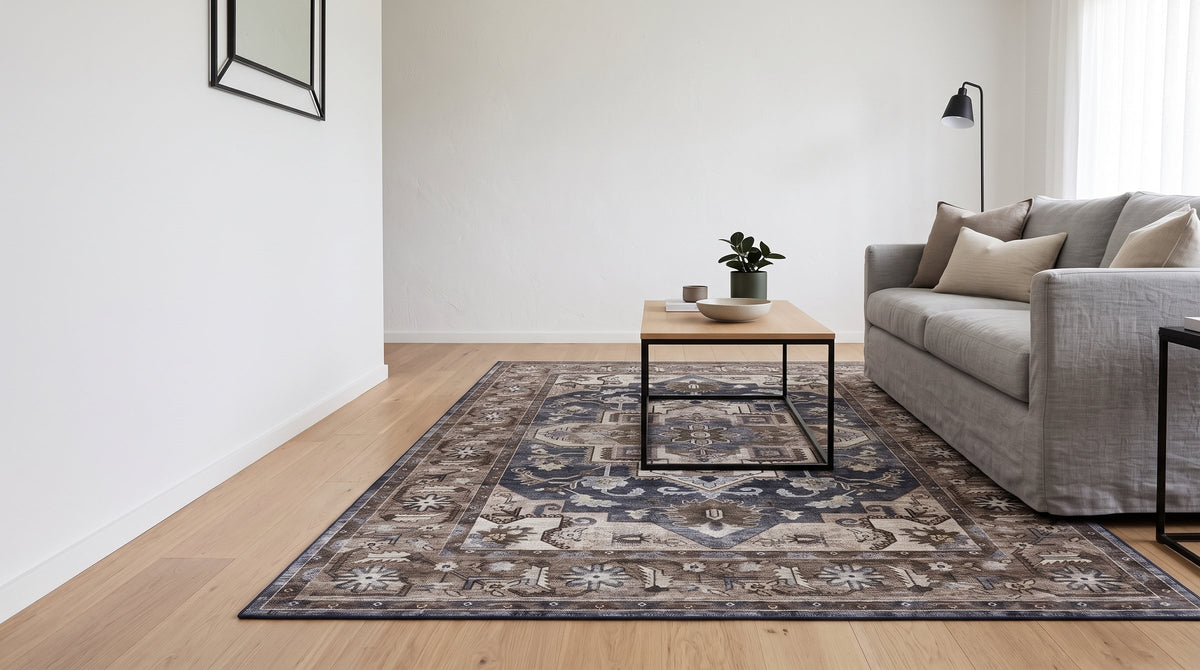 Grey Persian-style rug in a soft grey living room