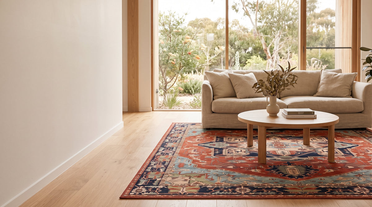 Persian-style rug in a bright Australian living room