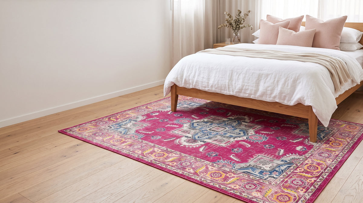 Pink Persian-style rug under a bed