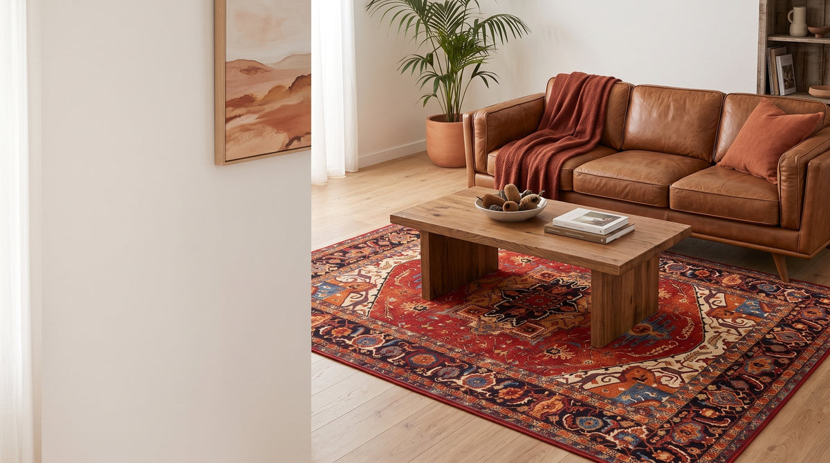 Red Persian-style rug with a leather sofa