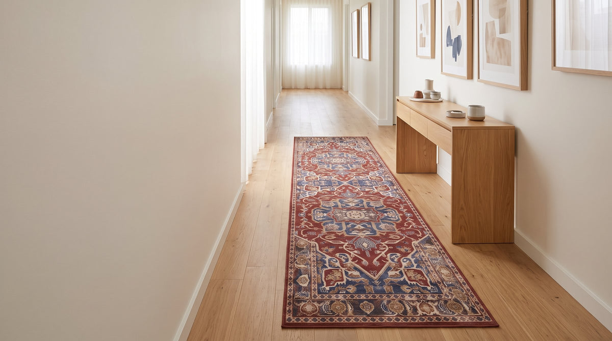 Persian-style runner in a bright hallway
