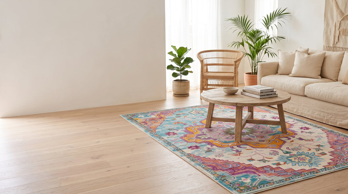 Vintage faded Persian-style rug in a coastal living room