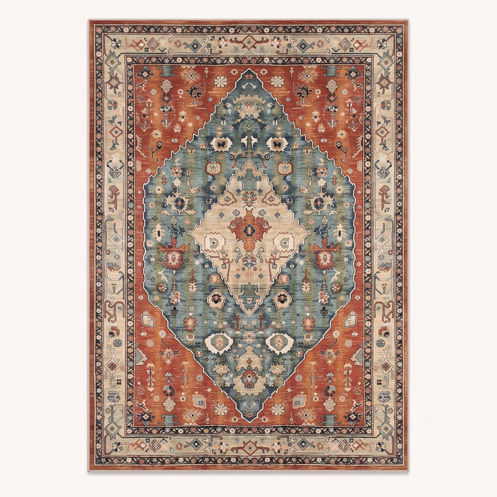 Amira Persian-style rug in terracotta and teal, flat view