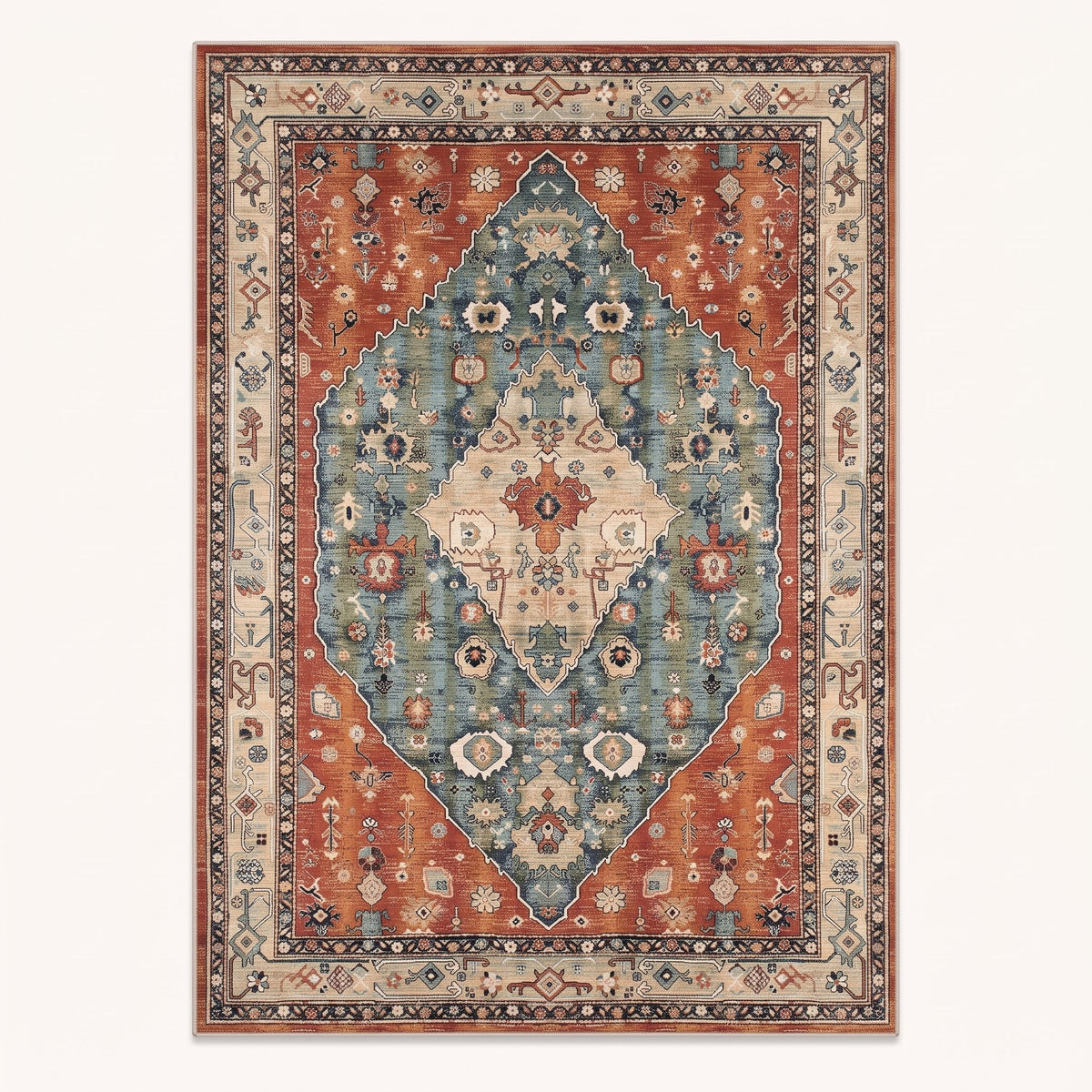 Amira Persian-style rug in terracotta and teal, flat view