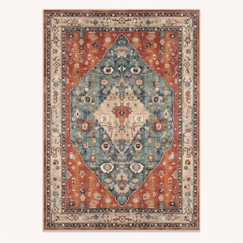 Amira Persian-style rug in terracotta and teal, flat view