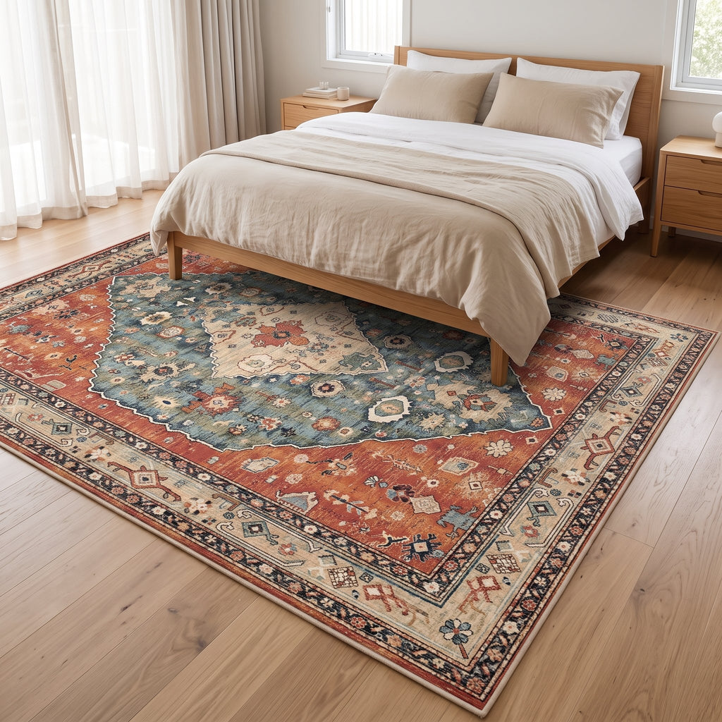 Amira Persian-style rug under a bed in a calm bedroom