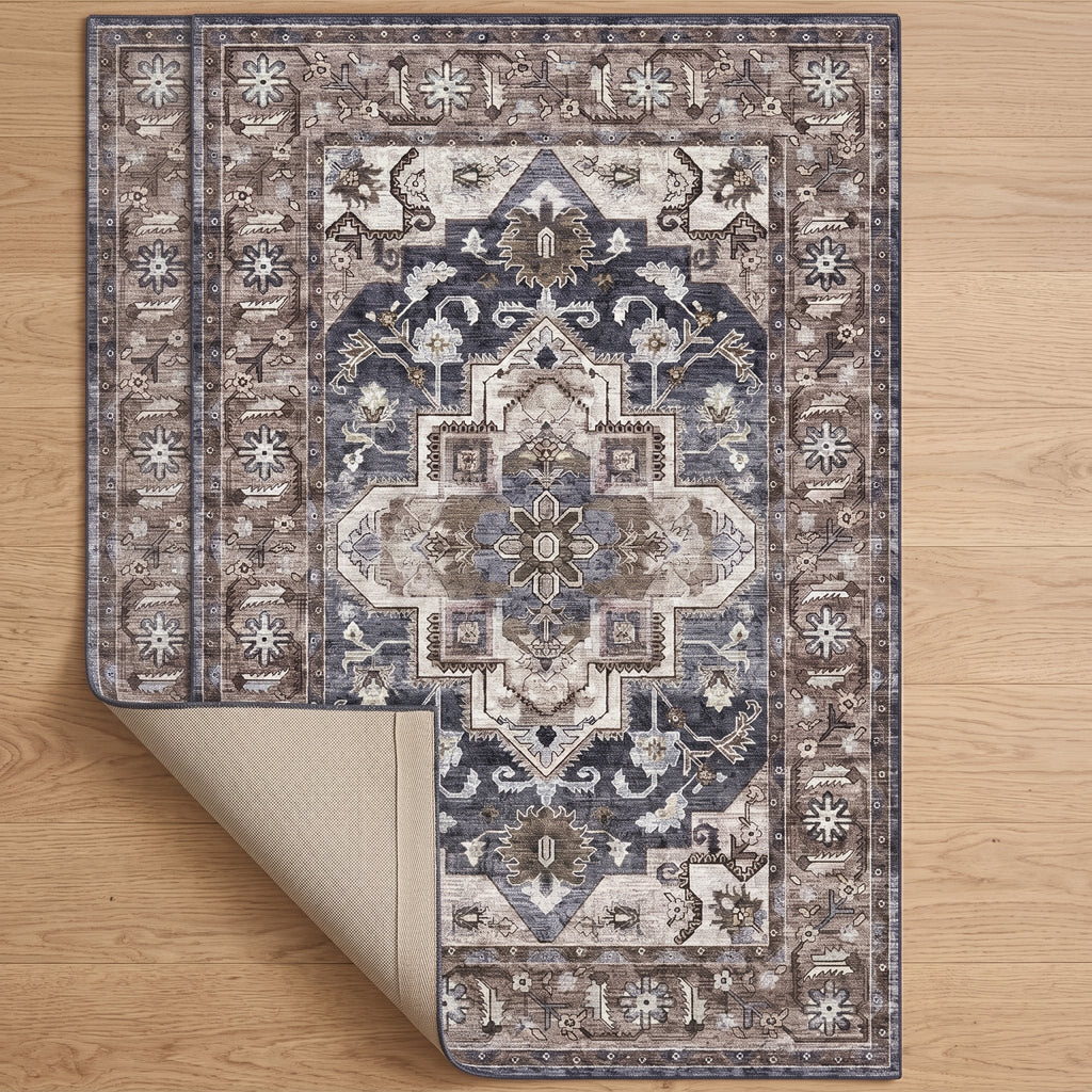 Ashford Persian-style rug with one corner turned back to show the non-slip backing
