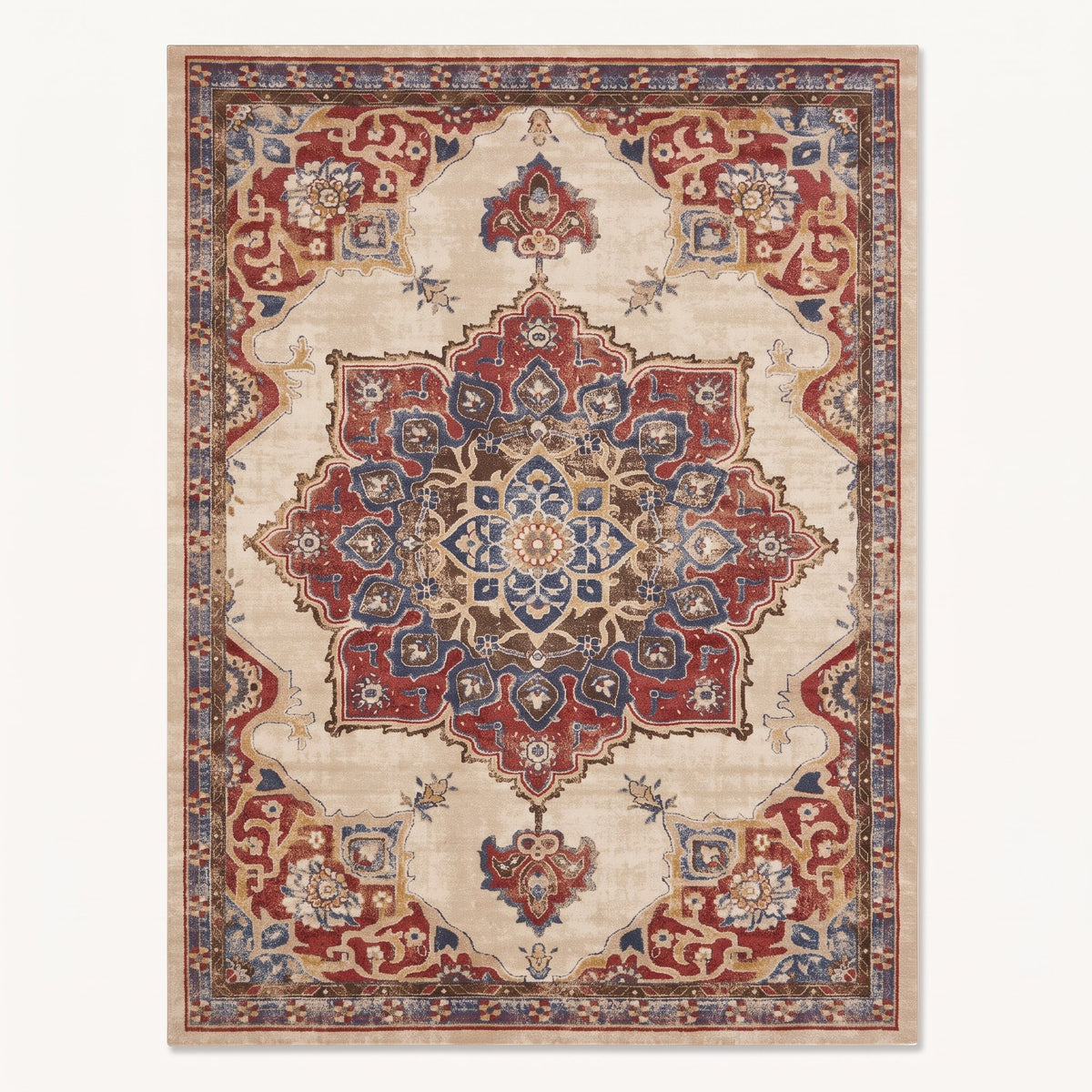 Aurelia Persian-style rug in ivory and rose red, flat view