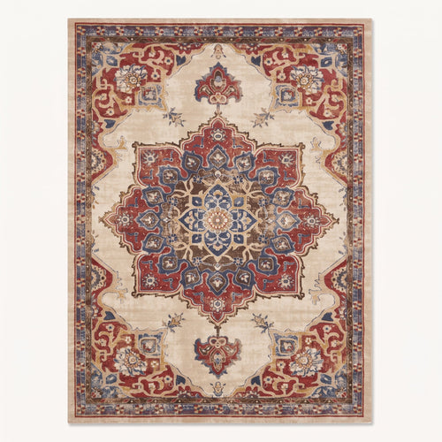 Aurelia Persian-style rug in ivory and rose red, flat view