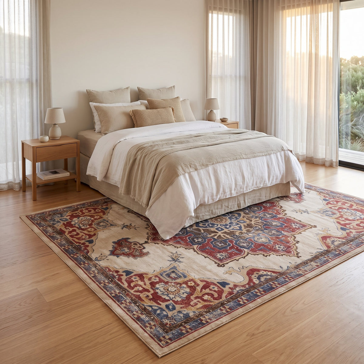 Aurelia Persian-style rug under a bed in a calm bedroom