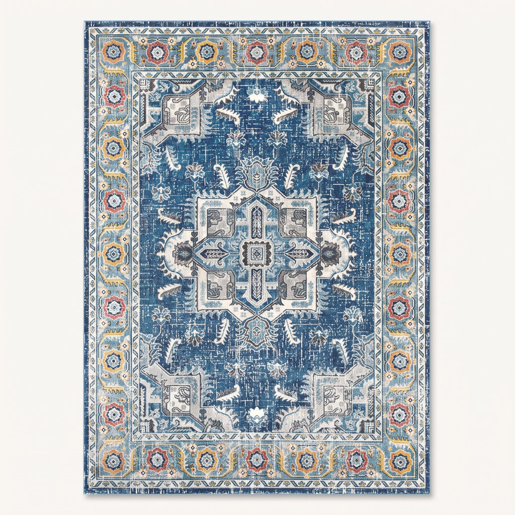 Azure Persian-style rug in denim blue and ivory, flat view