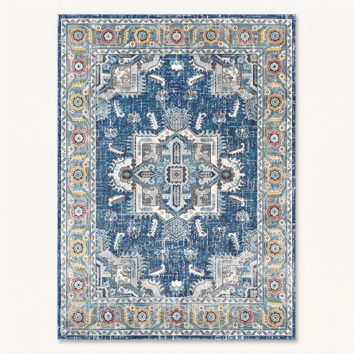 Azure Persian-style rug in denim blue and ivory, flat view