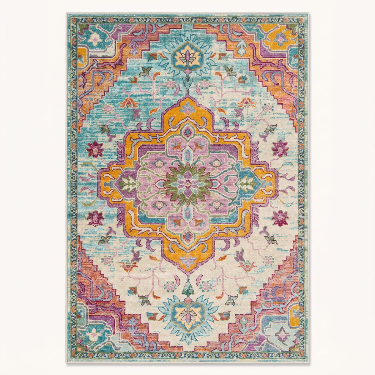 Blossom Persian-style rug in ivory, blush and saffron, flat view