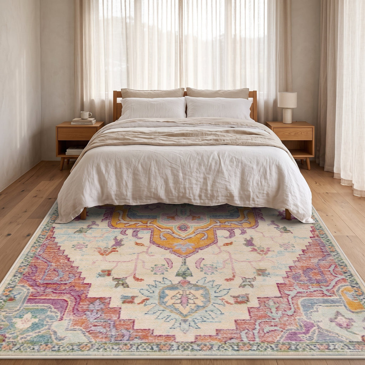 Blossom Persian-style rug under a bed in a calm bedroom