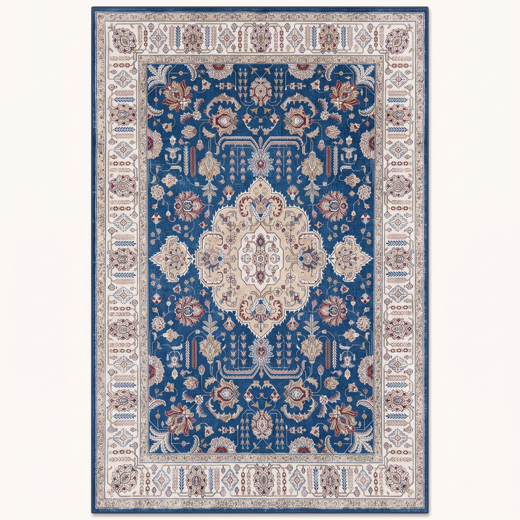 Cobalt Persian-style rug in cobalt and silver, flat view