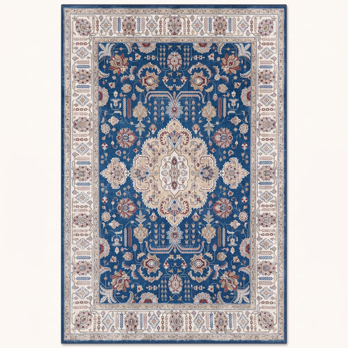 Cobalt Persian-style rug in cobalt and silver, flat view