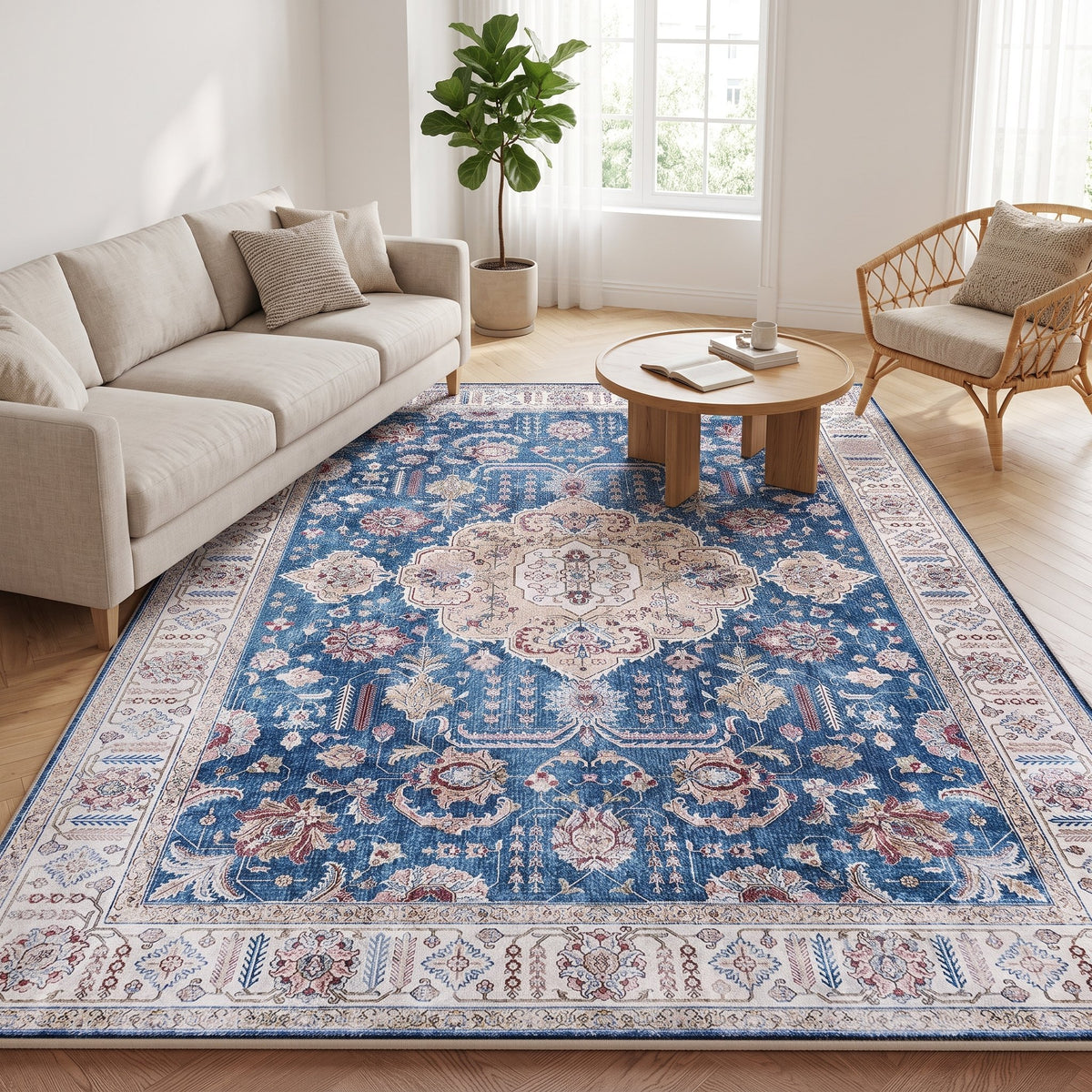 Cobalt Persian-style rug in a bright living room