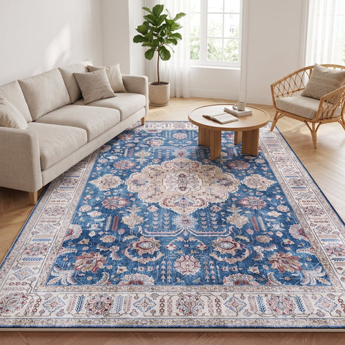 Cobalt Persian-style rug in a bright living room