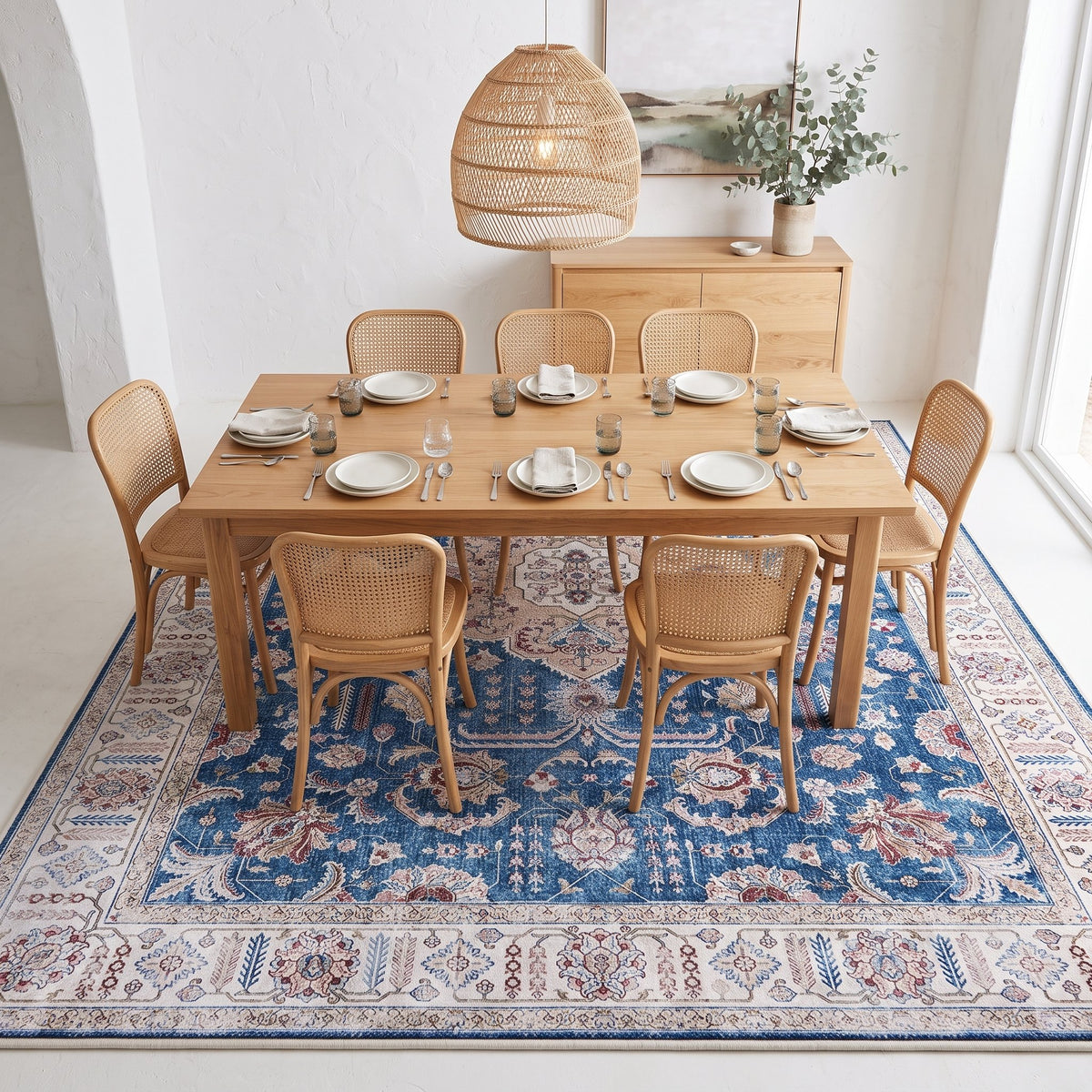 Cobalt Persian-style rug under a dining table