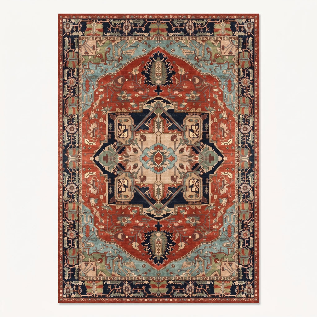 Darius Persian-style rug in burnt orange and navy, flat view