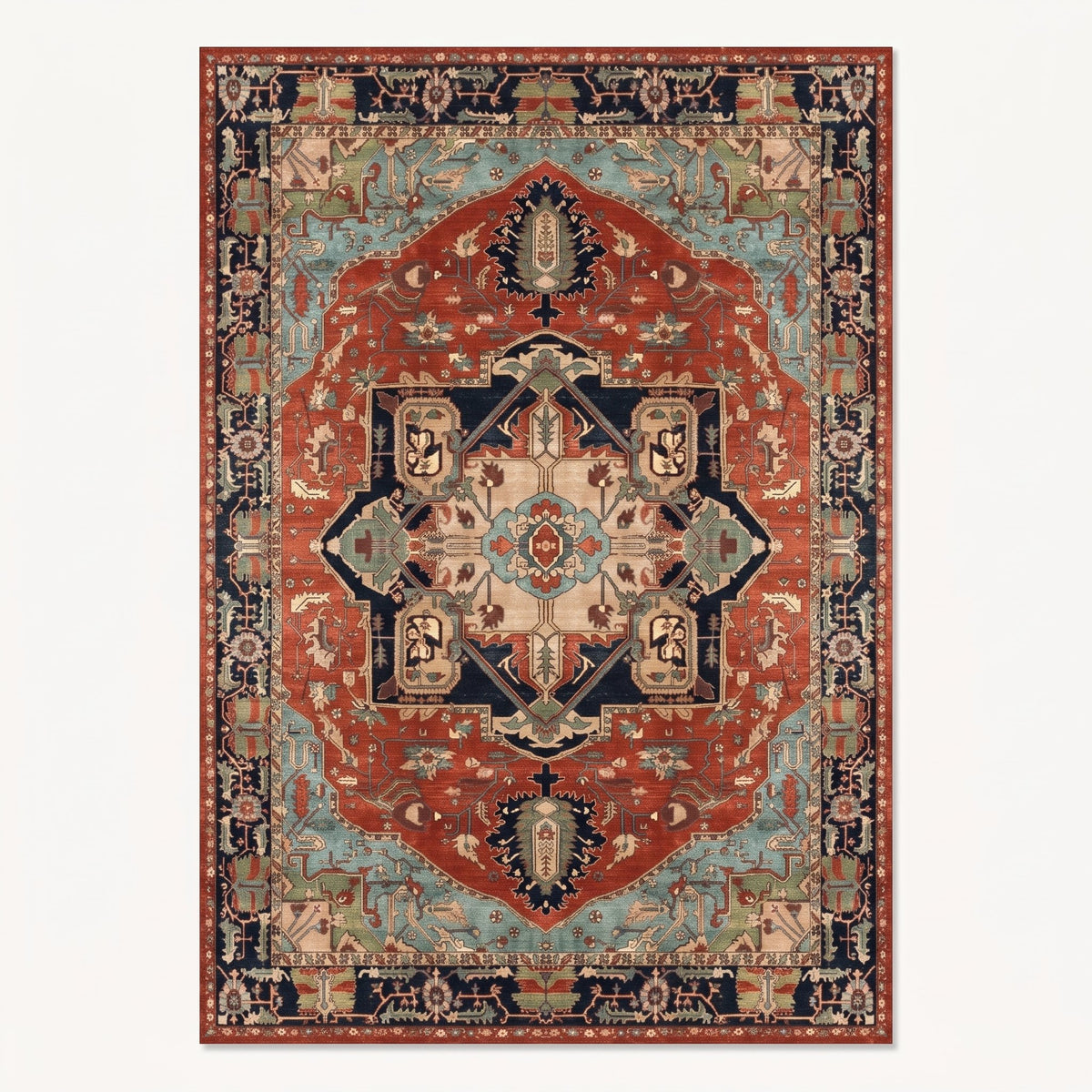 Darius Persian-style rug in burnt orange and navy, flat view