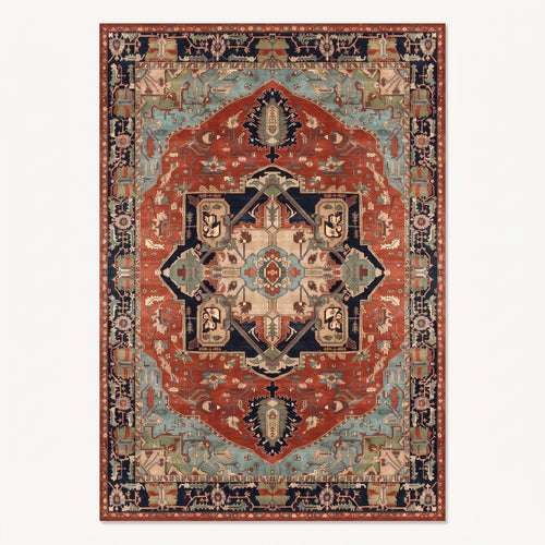 Darius Persian-style rug in burnt orange and navy, flat view