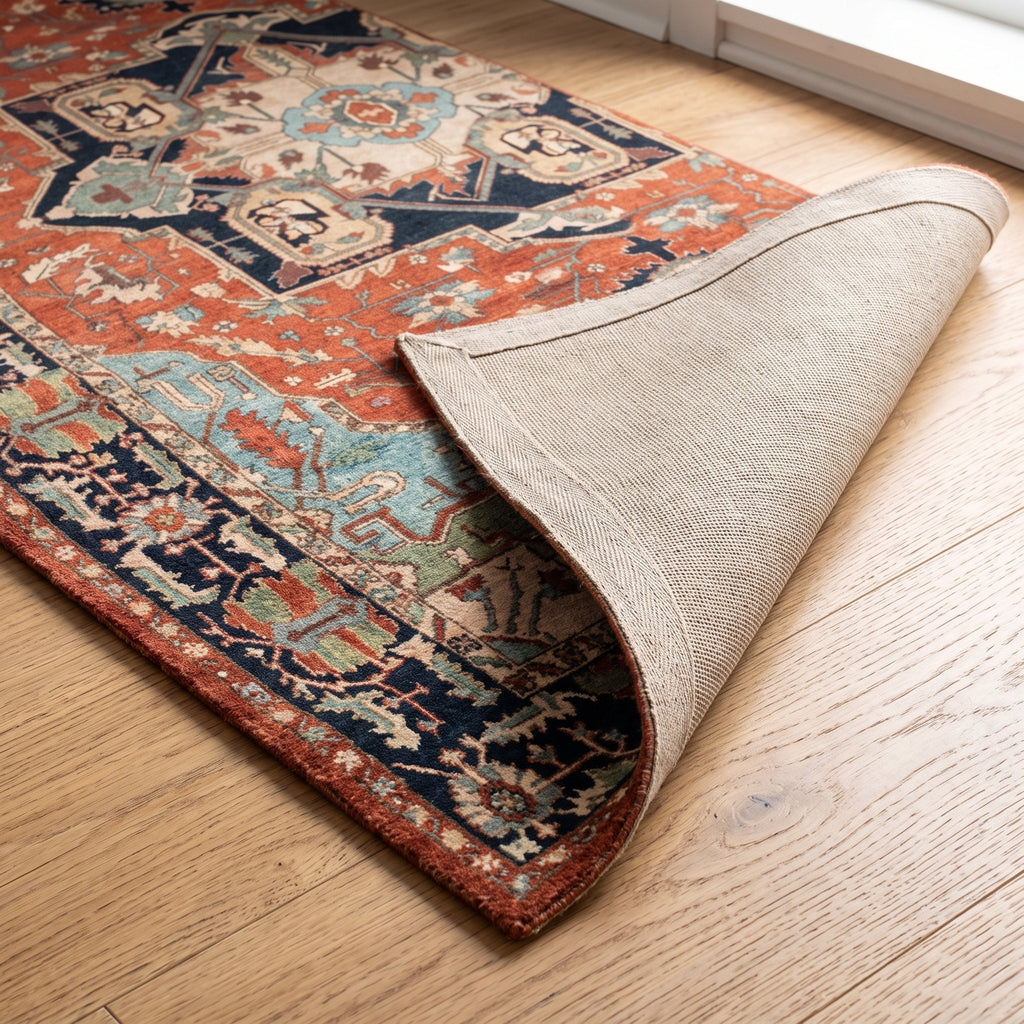Darius Persian-style rug, folded corner showing the low pile and non-slip backing