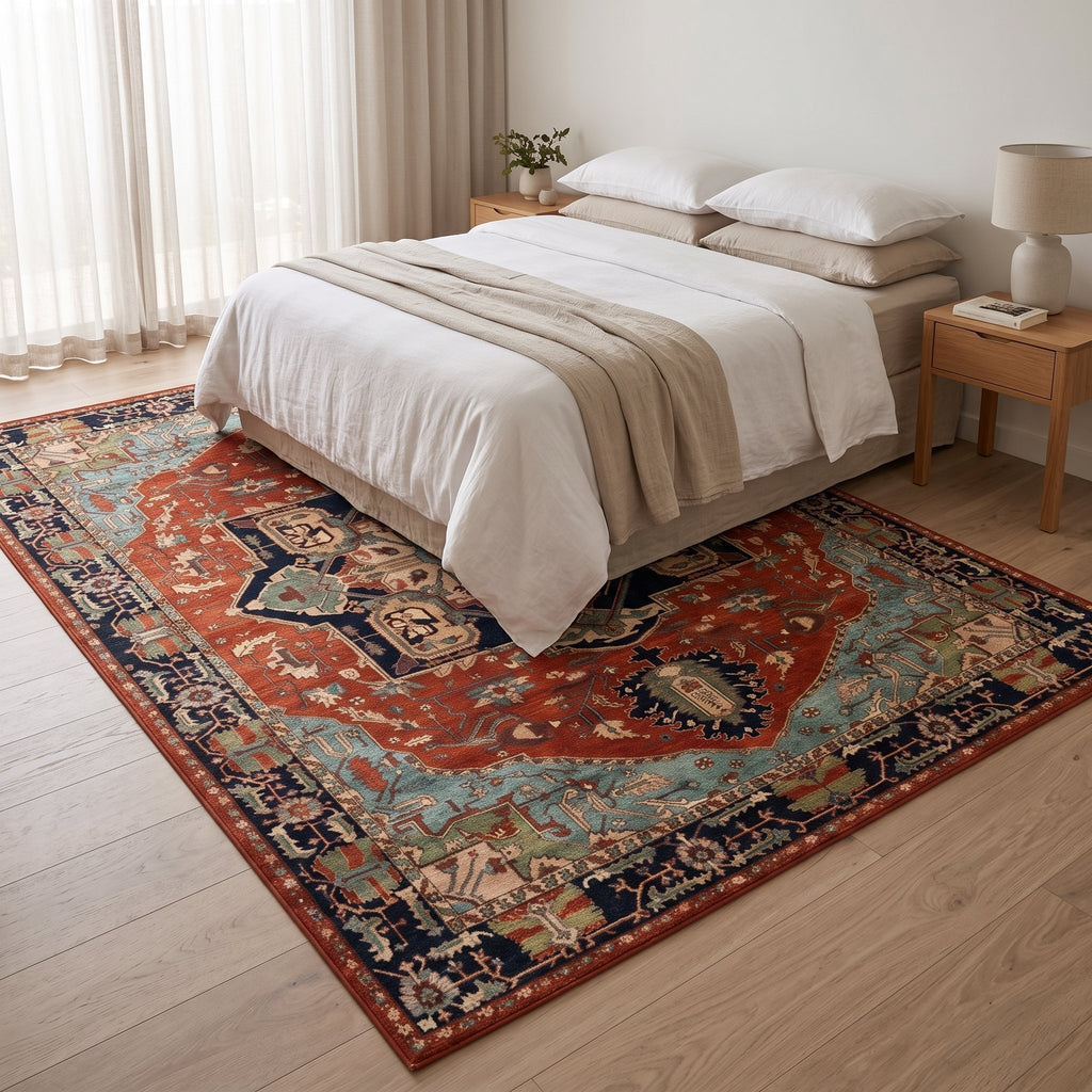 Darius Persian-style rug under a bed in a calm bedroom