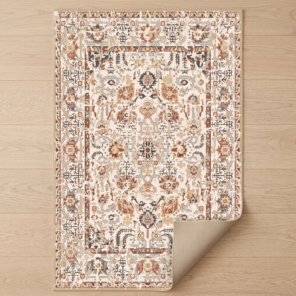 Elara Persian-style rug with one corner turned back to show the non-slip backing