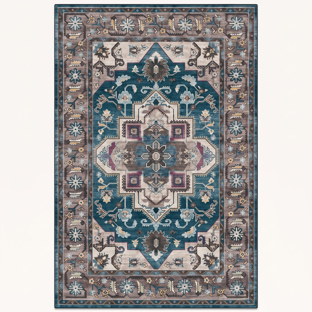 Harbour Persian-style rug in teal and charcoal, flat view
