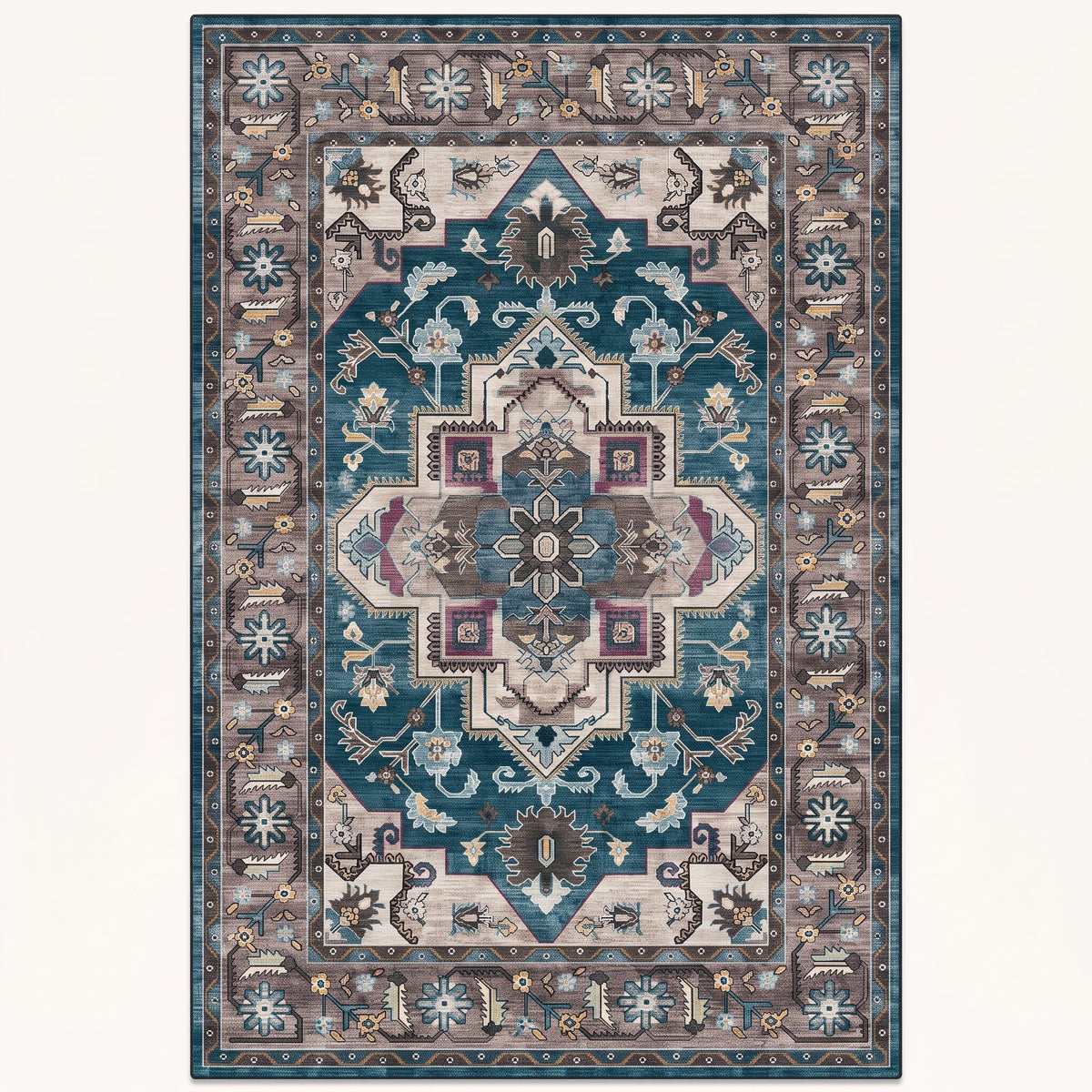 Harbour Persian-style rug in teal and charcoal, flat view
