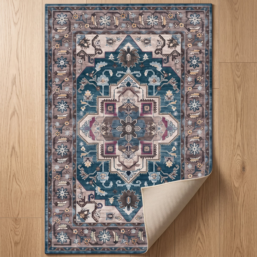 Harbour Persian-style rug with one corner turned back to show the non-slip backing