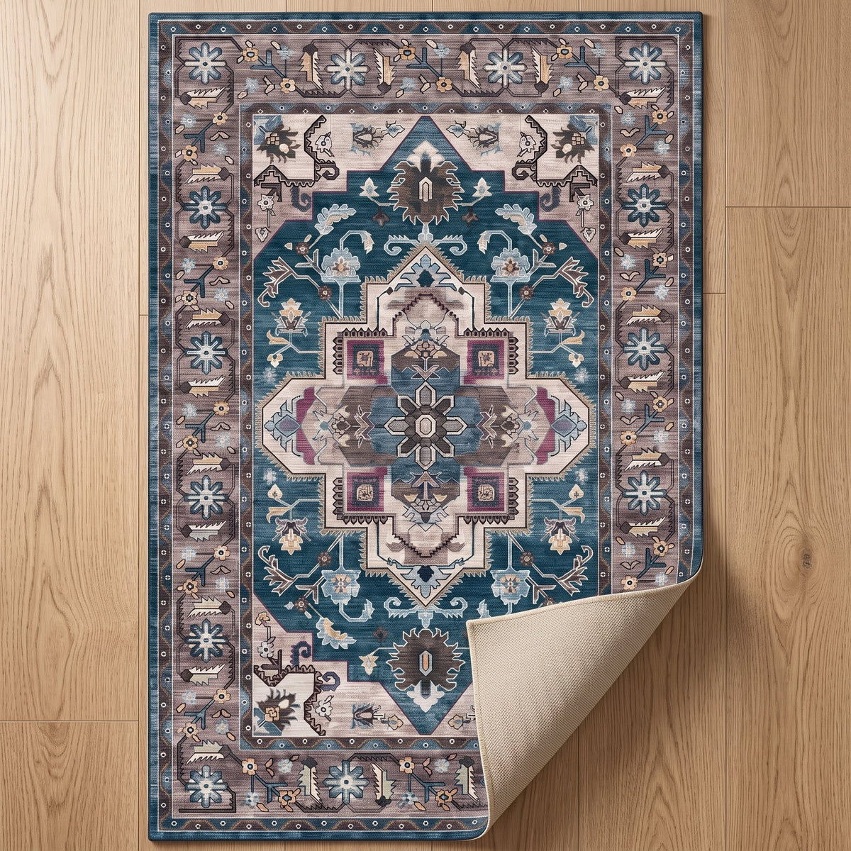 Harbour Persian-style rug with one corner turned back to show the non-slip backing