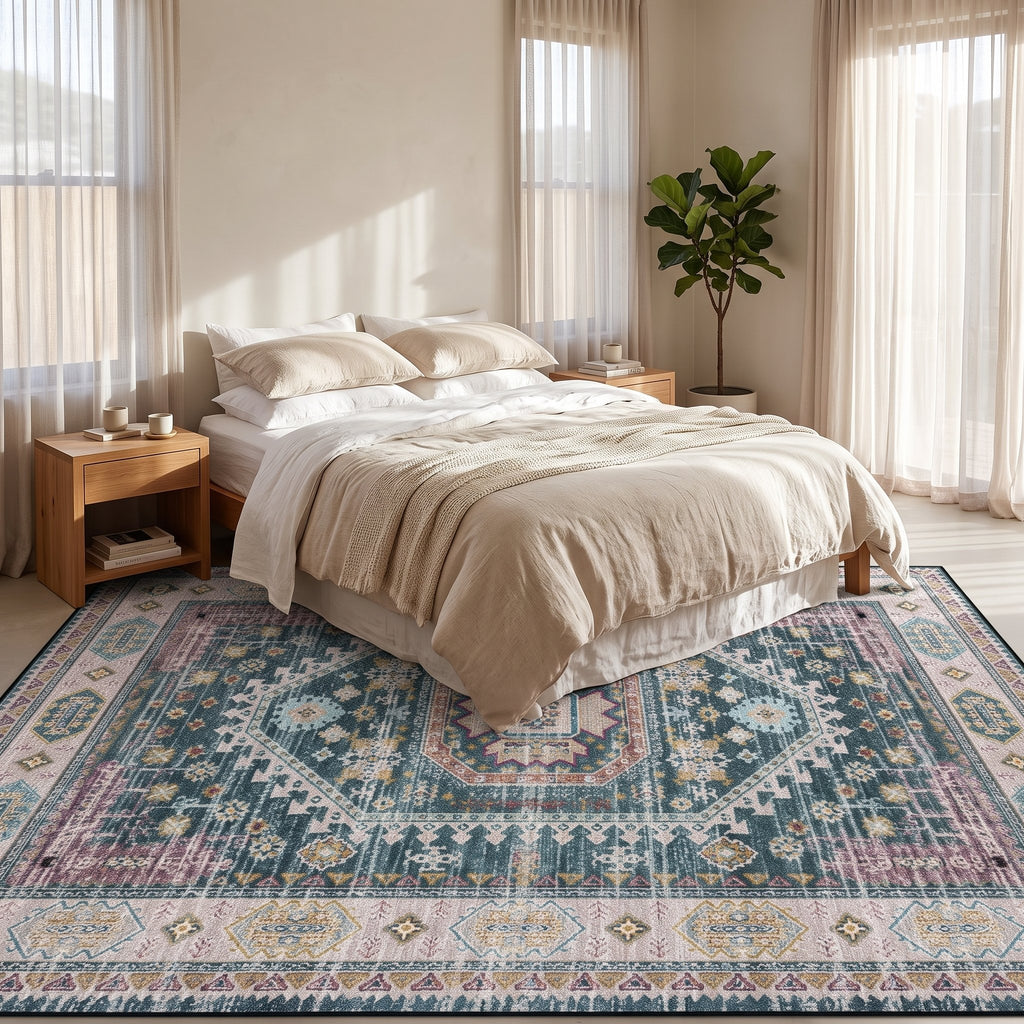 Harbour Persian-style rug under a bed in a calm bedroom