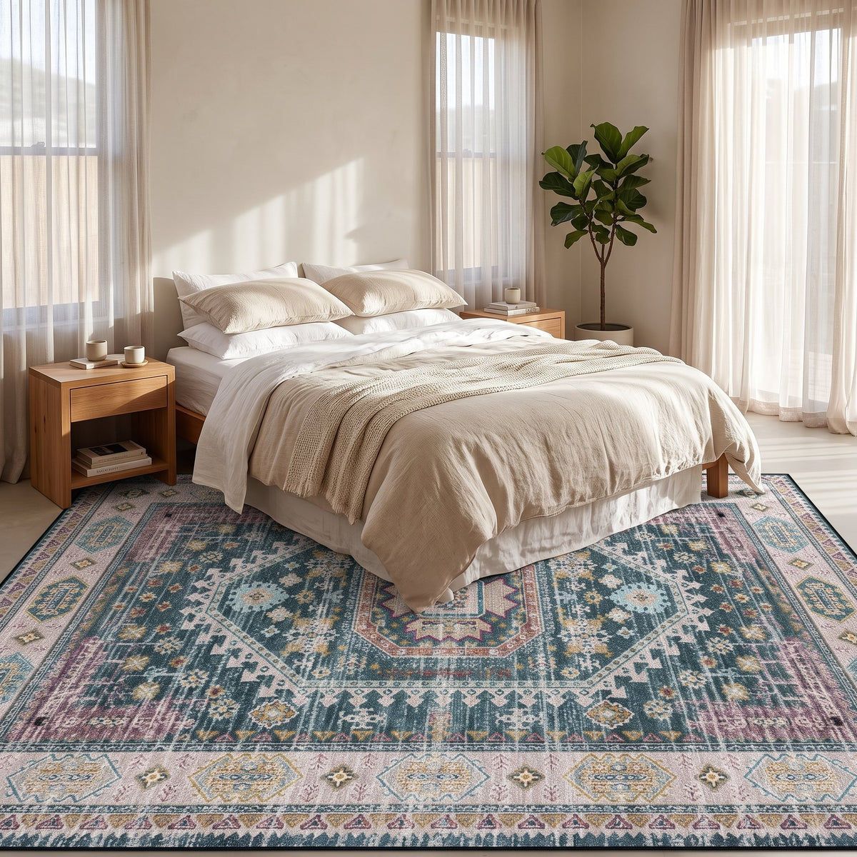 Harbour Persian-style rug under a bed in a calm bedroom