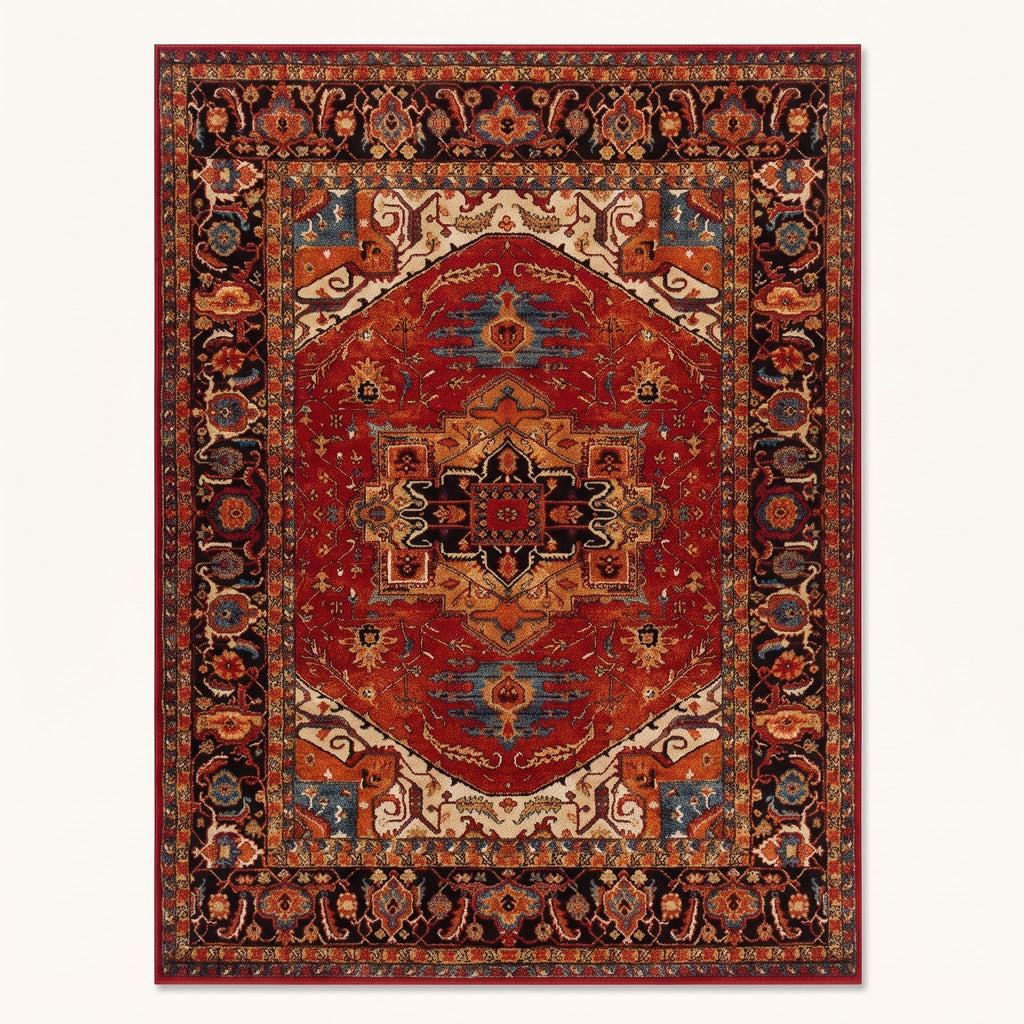 Heriz Persian-style rug in crimson and navy, flat view