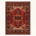 Heriz Persian-style rug in crimson and navy, flat view