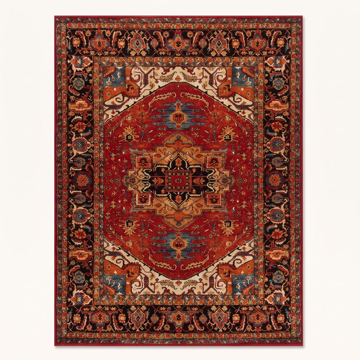 Heriz Persian-style rug in crimson and navy, flat view