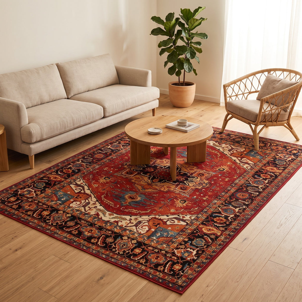 Heriz Persian-style rug in a bright living room