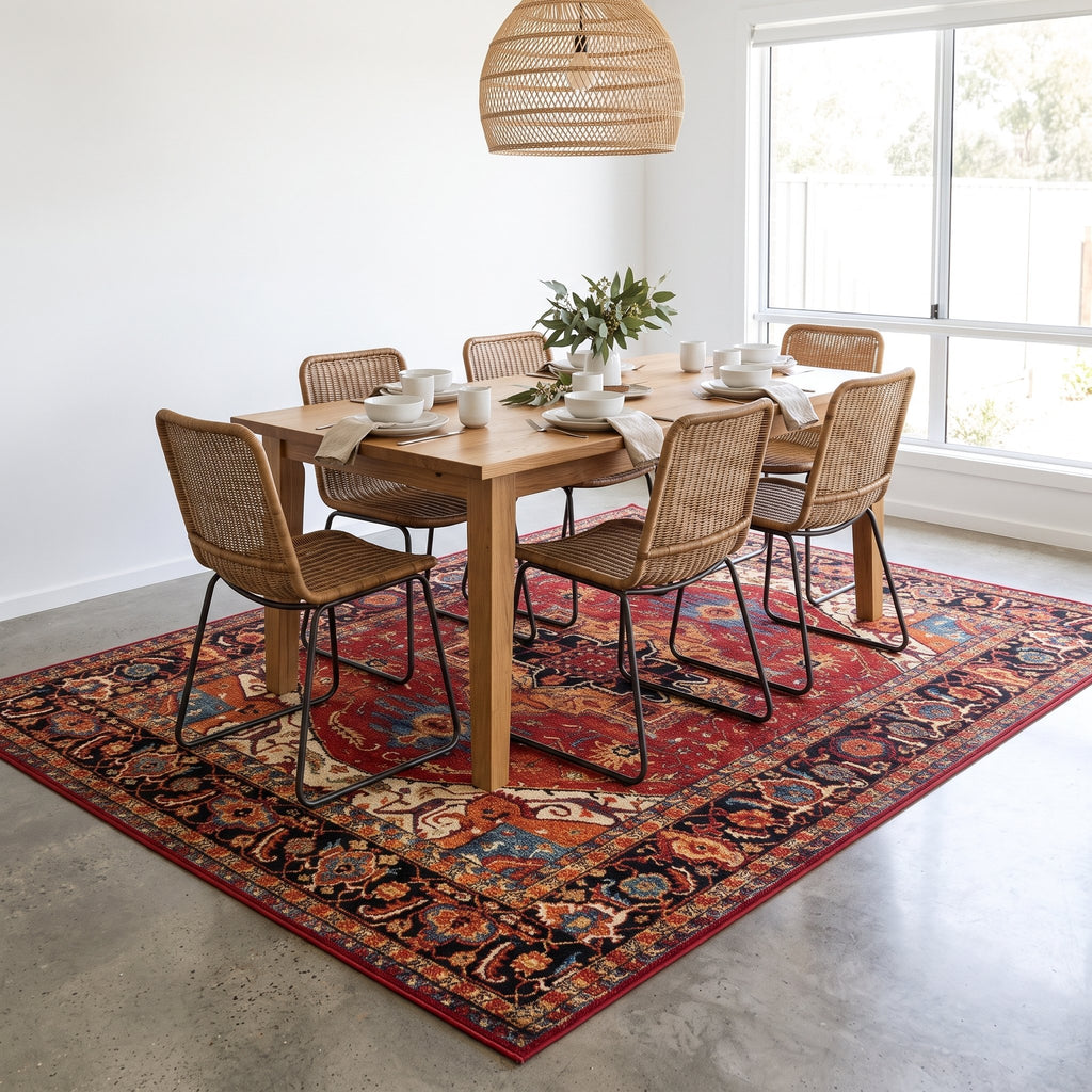 Heriz Persian-style rug under a dining table