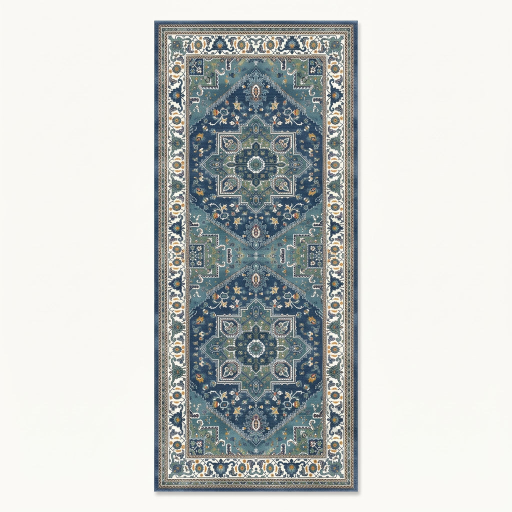 Indigo Persian-style runner in indigo and ivory, flat view
